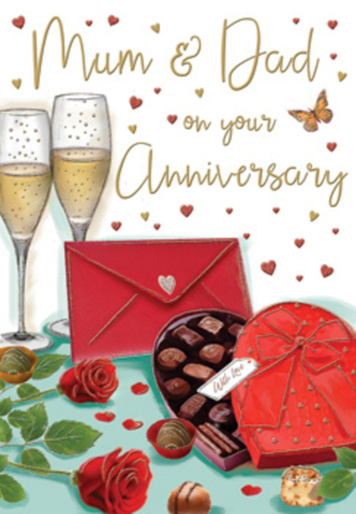 This anniversary card illustration captures a moment of indulgent celebration that would feel right at home in a cosy Erith dining room. At the centre, two rich red roses are laid gently across a surface, their petals intricately drawn to show depth and softness, each fold and curve highlighted with subtle shading. The roses' green leaves spread outward in layered clusters, offering contrast and a sense of freshness, like a bouquet just delivered from a trusted local florist near Erith town centre. To one side rests an open heart-shaped chocolate box, filled with assorted chocolates, each piece uniquely shaped and coloured in warm, inviting tones of milk and dark chocolate. The box is adorned with a dramatic red bow, its satin ribbon loops thick and tactile, casting small shadows where they overlap. Behind this, two elegant champagne flutes stand side by side, filled with effervescent golden champagne; tiny bubbles climb the inside of each glass, catching pinpoints of light as if sparkling in the glow of a nearby lamp. Around the scene, soft golden swirls and small crimson hearts float across a pale background, adding movement and a sense of playful romance, reminiscent of festive evenings along Erith's riverside. A striking scarlet envelope rests in front, sealed and slightly turned, hinting at a heartfelt anniversary message addressed to Mum & Dad. Gentle, warm lighting bathes the entire composition, creating delicate reflections on the glass and ribbon and lending depth to the petals and chocolates. The effect is a tender snapshot of love, comfort, and celebration-perfect for marking a milestone in a family's story.