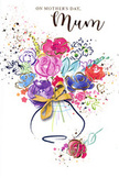 This Mother's Day card radiates the cheerful energy of a fresh bouquet from Erith, translated into swirling watercolour and glimmers of gold ink. At its heart, blossoms in lush purples, playful pinks, vivid reds and serene blues blend together, each suggested with soft, flowing brushstrokes rather than sharp lines, so the flowers seem to breathe and sway gently. Gold accents trace along select petals and leaves, catching imaginary light the way early morning sun might touch flowers arranged near a window overlooking Erith's riverside path. Freckles of paint and delicate hearts scatter around the main bouquet, like confetti or loose petals drifting across a table while cards and gifts are prepared for Mother's Day. The arrangement rises from the curved shape of a simple vase, washed in soft neutral tones and tied at the neck with a refined golden bow that hints at the finishing ribbons used in real floral wrapping. The clean white background allows the colours-indigo, cerise, apricot and gentle green-to stand out clearly, creating a sense of joy without feeling crowded. Altogether, the image carries a feeling of warmth, affection and celebration, as if a child from Erith has poured their love into paint instead of words. It is a visual embrace, ready to sit alongside a fresh bouquet delivered locally, adding another layer of sincerity and heartfelt thanks to a Mother's Day gift.