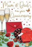 The design of this anniversary card paints a cosy, romantic scene that could easily belong to an Erith home preparing to toast Mum and Dad. In the foreground, two sumptuous red roses lie gently on a tabletop, their petals richly layered in deep crimson tones that suggest velvety softness to the touch. The roses' leaves are full and textured, a vivid green that frames the blooms like a freshly made arrangement. Just beside them sits a heart-shaped box of chocolates, the lid tipped open to reveal carefully arranged confections, each piece distinct in shape and colour, from dark chocolate squares to lighter, dome-shaped truffles. A large red bow wraps around the box, its ribbon loops and flowing tails rendered with the sheen and softness of satin. Behind this indulgent display stand two tall champagne flutes, almost touching, filled with sparkling golden fizz. The bubbles rise in delicate trails, catching light in tiny glints that evoke the shimmer of evening lights along the Thames near Erith. Scattered across the background are petite red hearts and touches of gold, giving the image a light, celebratory rhythm. In the front, a bright scarlet envelope lies sealed and poised, suggesting a handwritten message brimming with gratitude and affection for parents who have shared many years together. Warm, ambient light floods the scene, highlighting the glass, ribbon, and petals, while soft shadows lend depth and realism. The overall feeling is one of intimate celebration and homely elegance, the kind of anniversary moment where simple pleasures-flowers, chocolates, and a quiet toast-say everything that needs to be said.